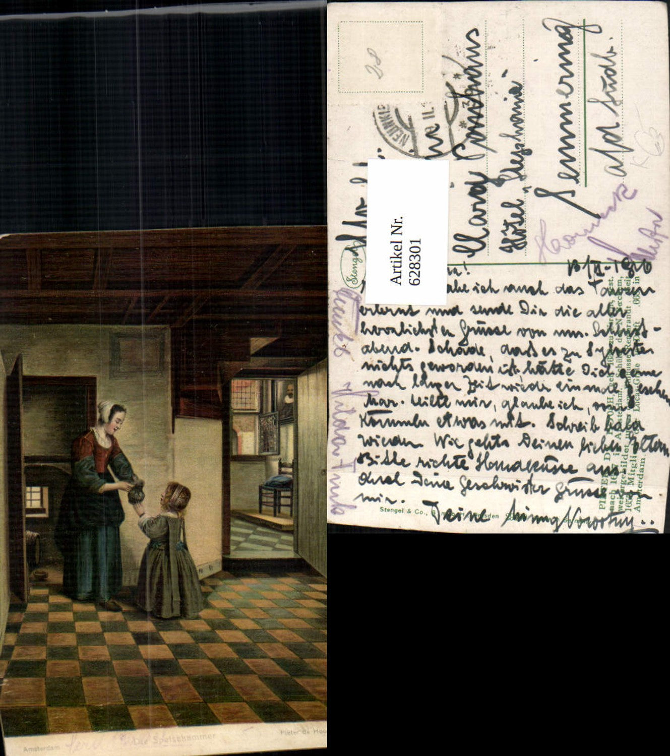 628301,Künstler Ak Pieter de Hooch Die Speisekammer Frau m. Kind Krug Interieur