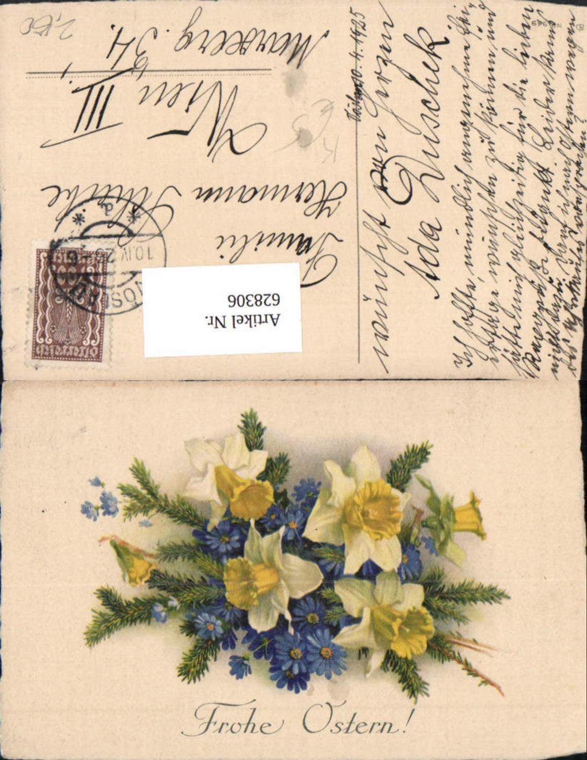 628306,Künstler Ak Ostern Narzissen Blaue Blüten Blumen Tannenzweig