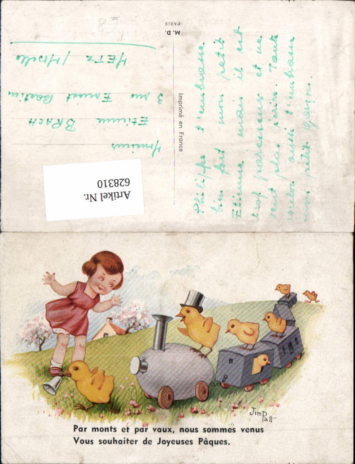 628310,Künstler Ak Jim Patt Eisenbahn Ei als Lok Küken Kind Ostern Spruch Joyeuses Paques