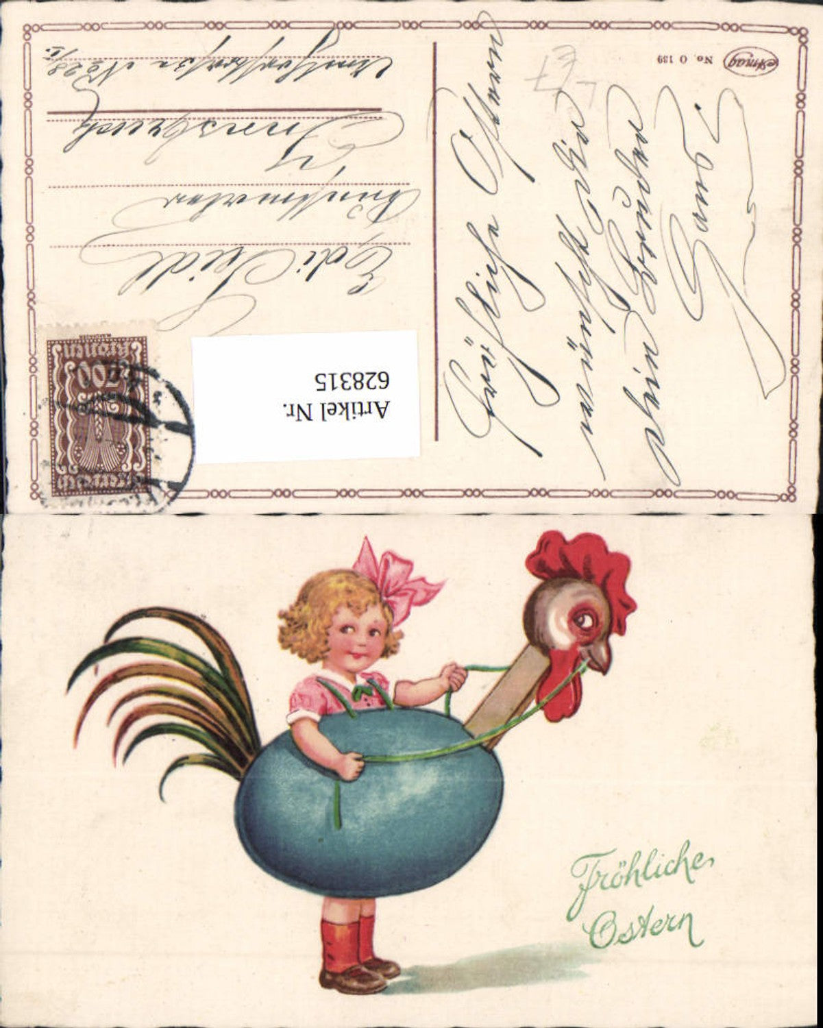 628315,Litho Ostern Mädchen m. Hahnkostüm Hahn Huhn