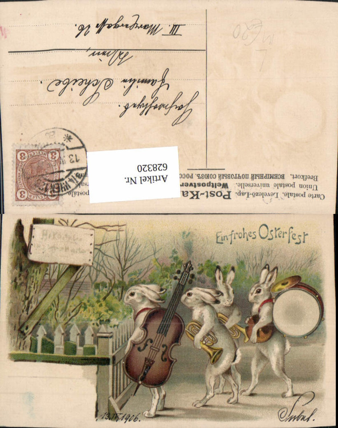 628320,Litho Vermenschlichte Hasen Trommel Trompete Ostern