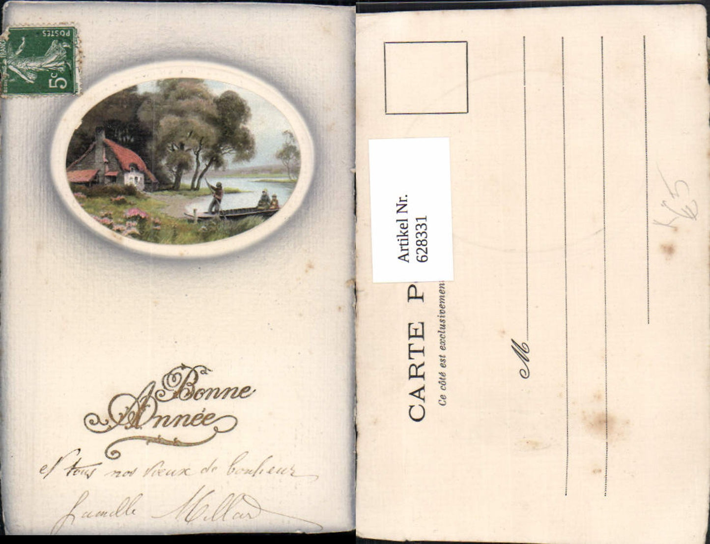 628331,Künstler Ak Neujahr Bonne Annee Ruderboot Haus Landschaft Passepartout