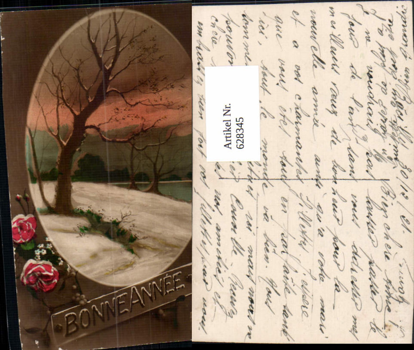 628345,Neujahr Bonne Annee Winterlandschaft Passepartout Rosen Blumen pub DIX