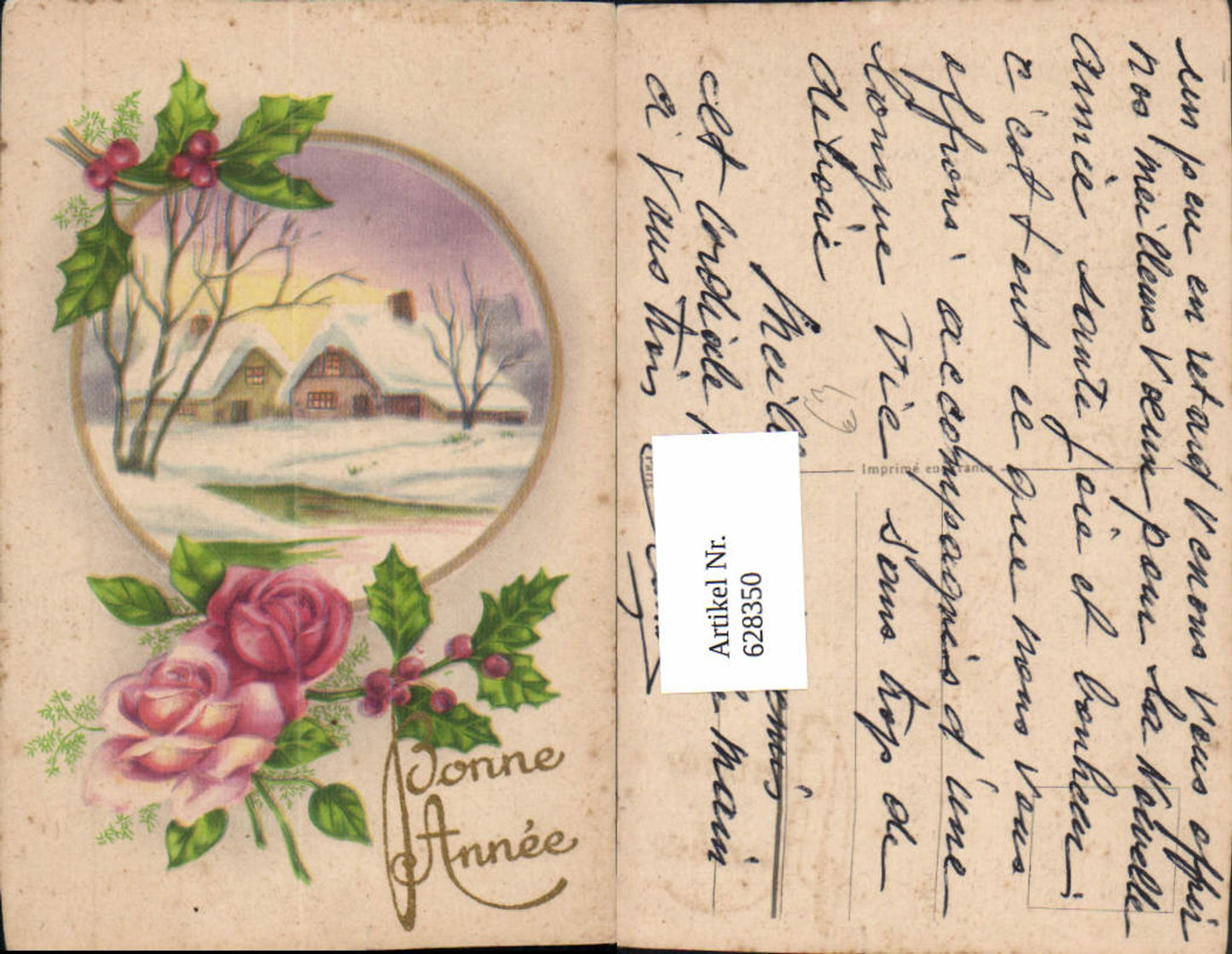 628350,Neujahr Bonne Annee Winterdorf Passepartout Rosen Stechpalmenzweig
