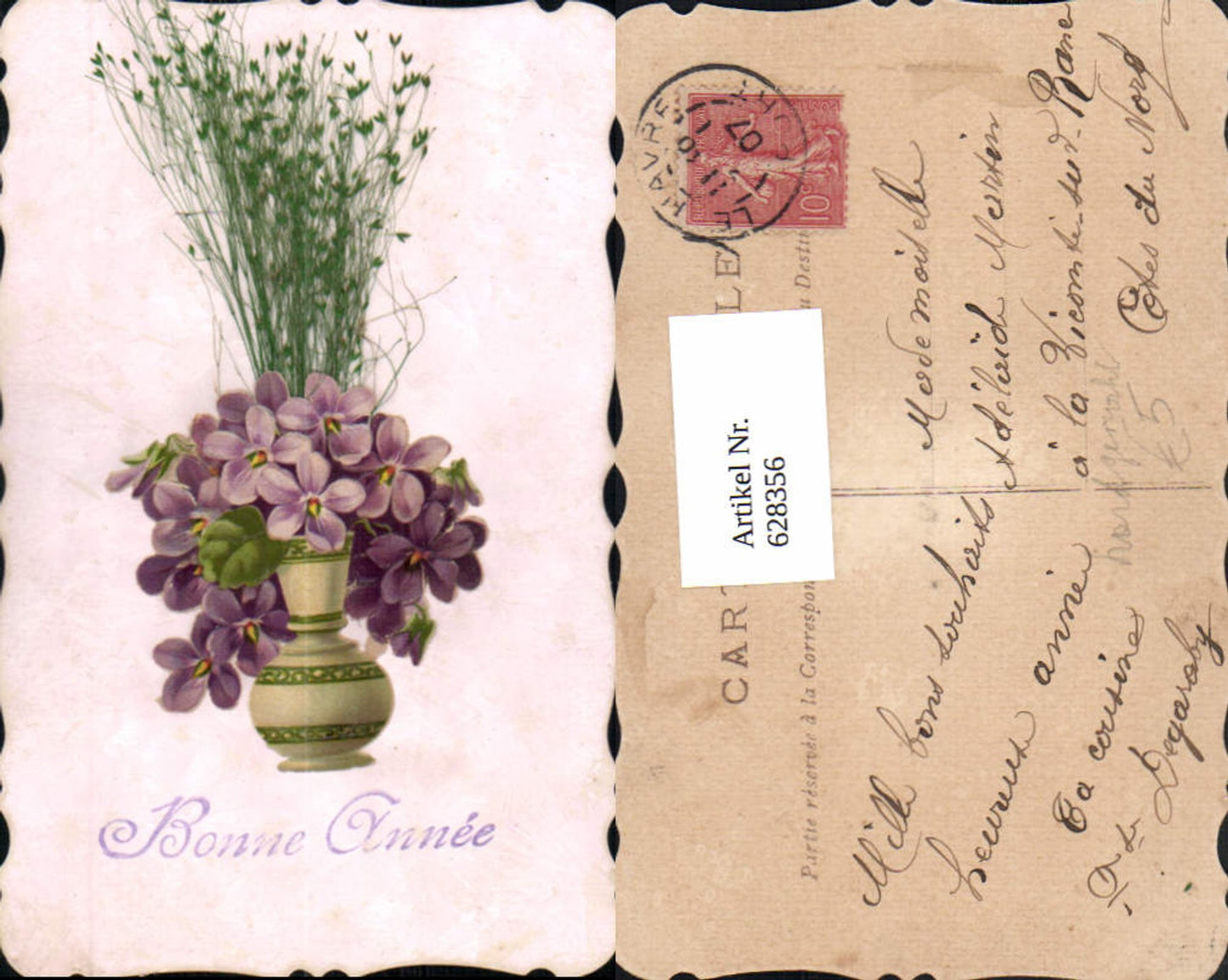628356,Material Ak Handgemacht Neujahr Bonne Annee Echte Grasfäden Vase Veilchen Blumen