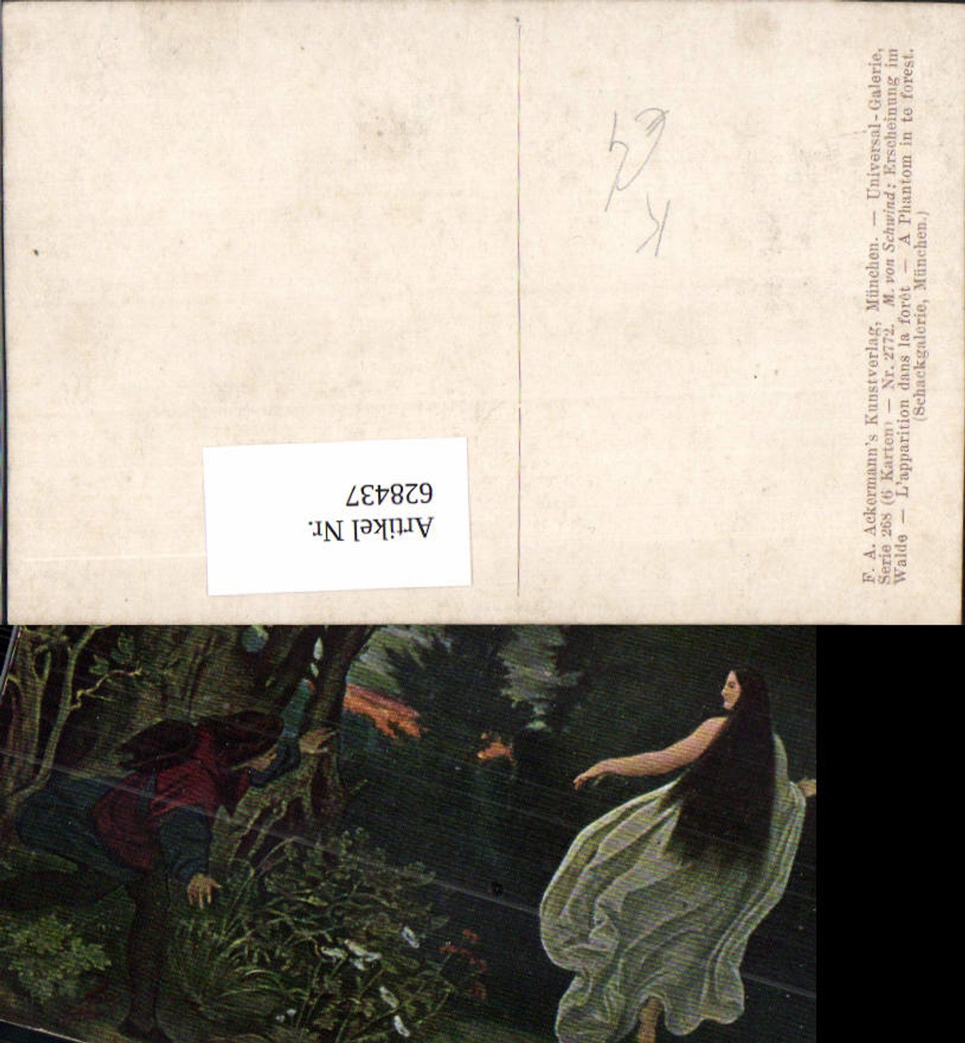 628437,Künstler Ak M. v. Schwind Erscheinung i. Walde Frau Lange Haare