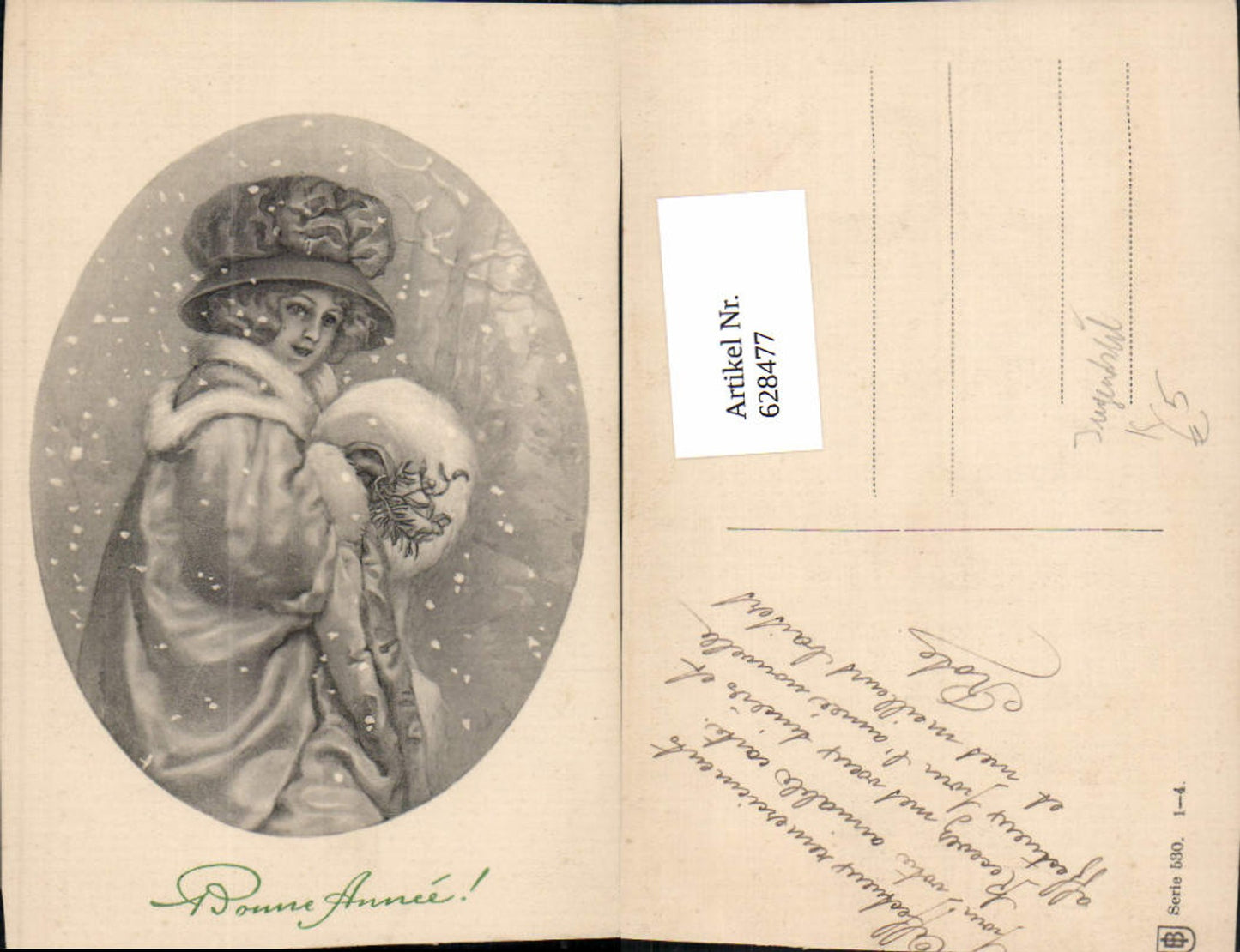 628477,Künstler Ak Jugendstil Frau Mädchen Mode Pelz Mistelzweig Muff Schnee