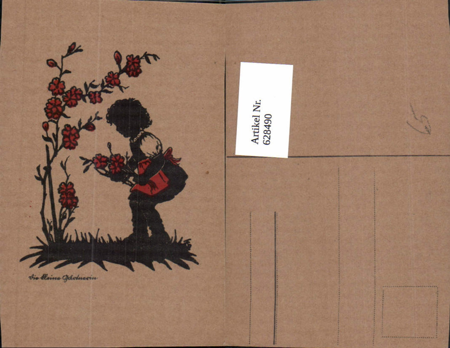 628490,Künstler Ak Scherenschnitt Die kleine Gärtnerin Mädchen Blumen