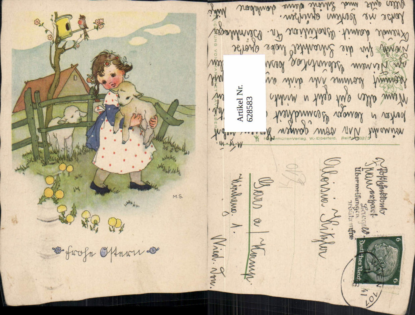 628583, Artist Ak Margret Savelsberg Girl with Lamb Chamber Flowers Easter