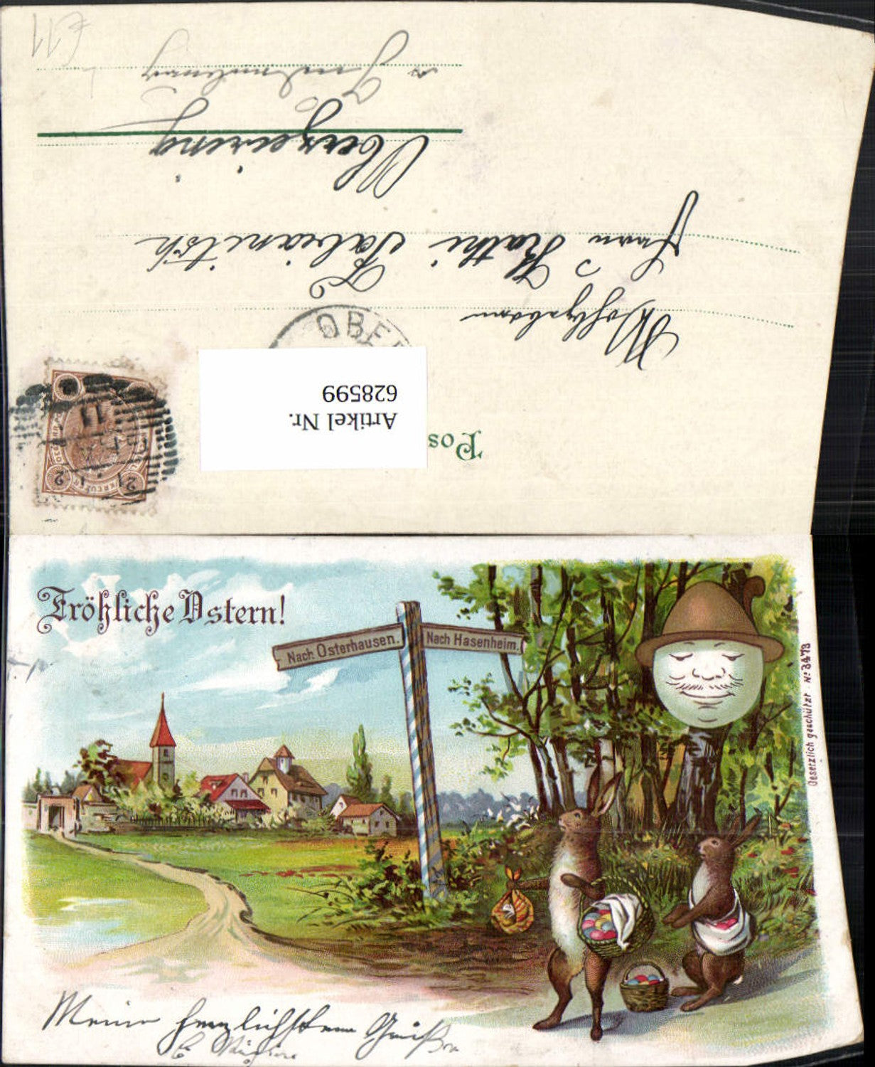 628599, Lithograph of a hare, signpost to Osterhausen, egghead with hat, Easter