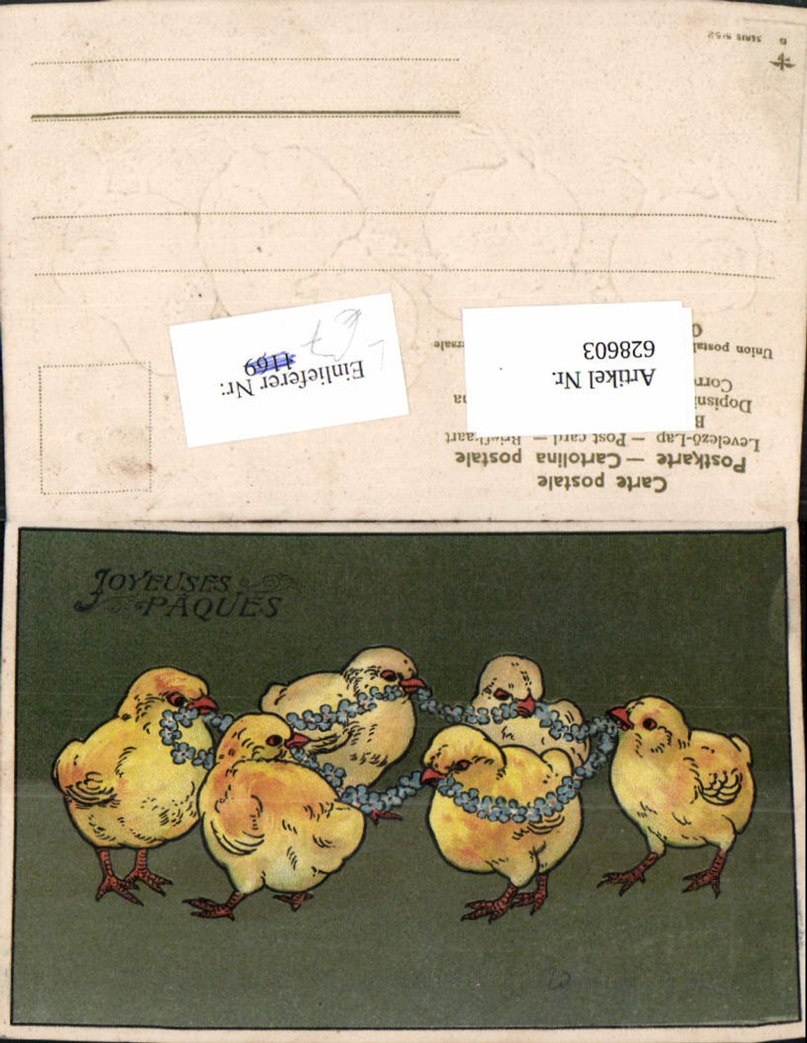 628603, Embosser Lithograph Chick with Flower Necklace Forget-me-nots Easter