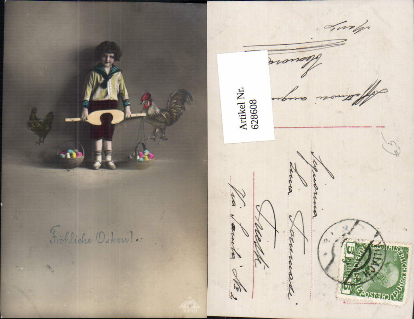 628608,Bub Junge Matrosenanzug m. Tragejoch Korb m. Eier Huhn Hahn Ostern