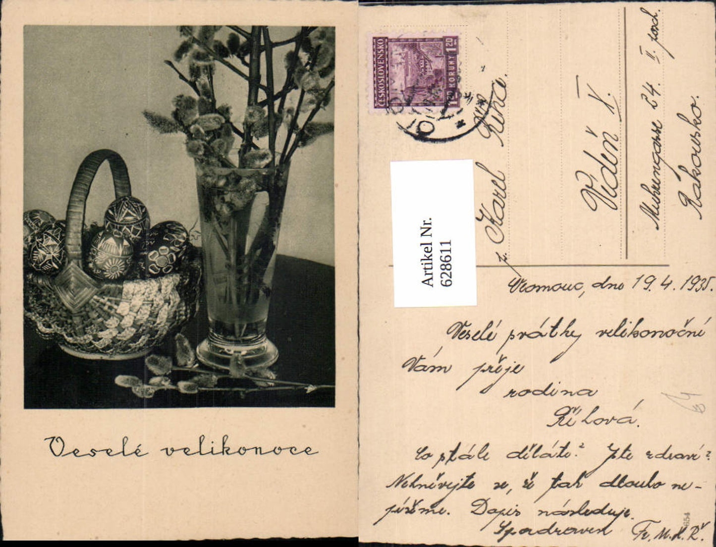 628611,Ostern Vase m. Palmkätzchen Korb m. Ostereier Vesele velikonoce