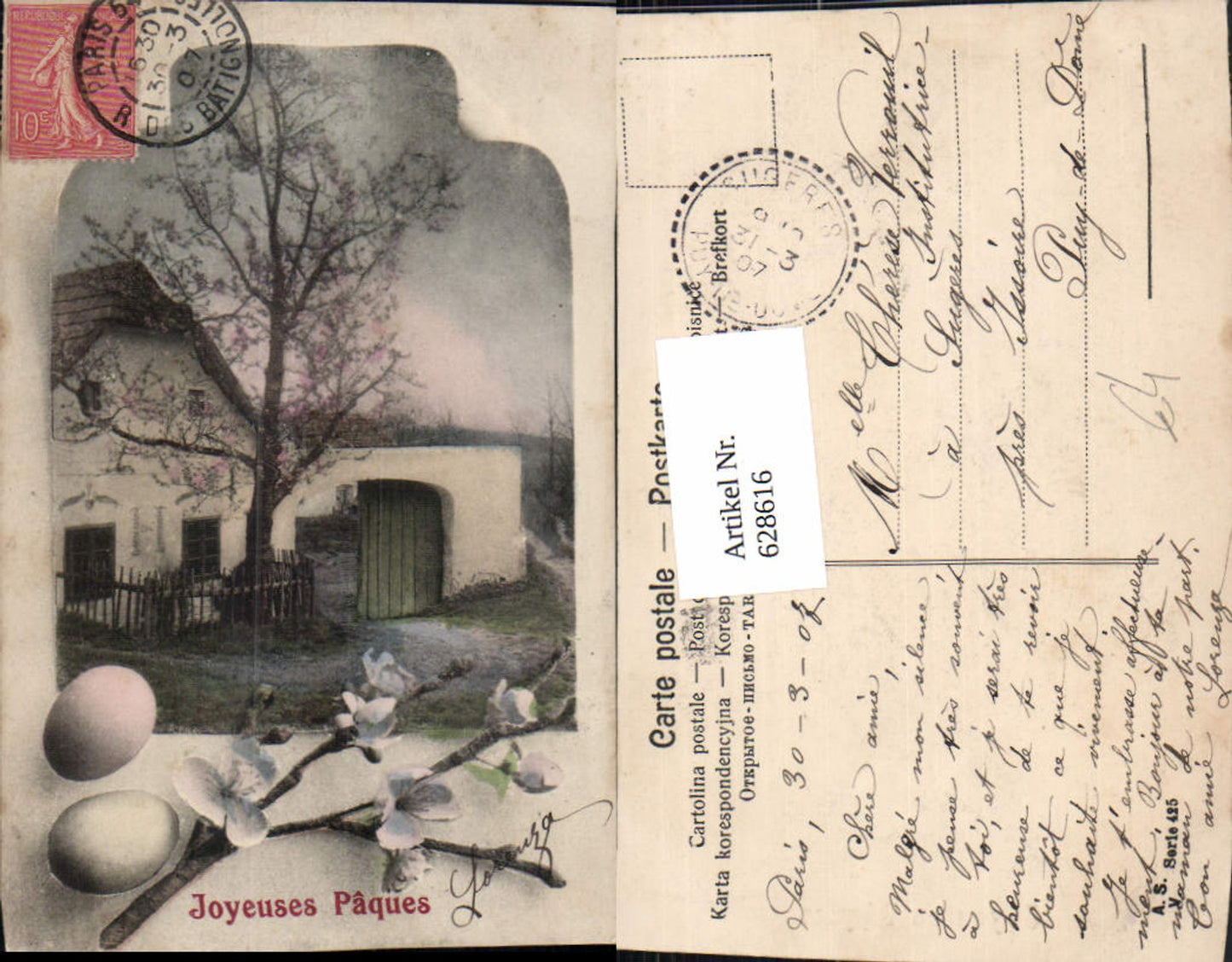 628616,Ostern Bauernhaus Blütenzweig Eier Joyeuses Paques