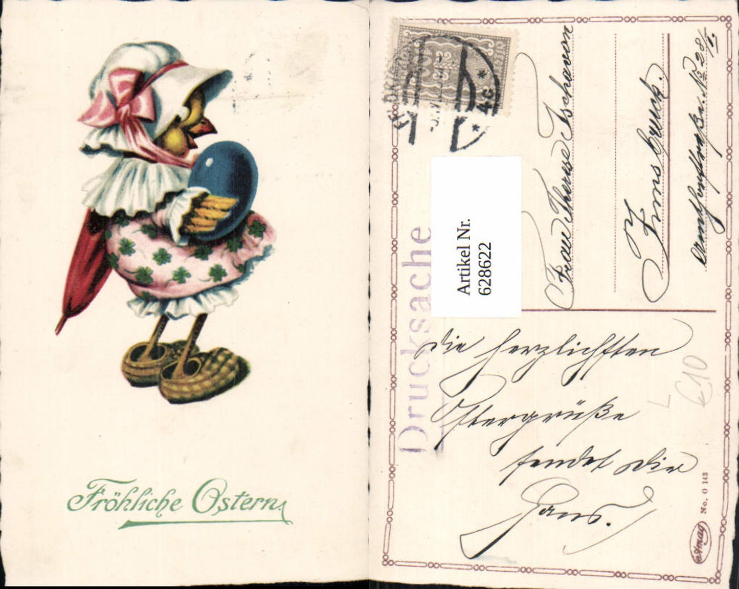 628622,Litho Ostern Küken vermenschlicht m. Ei Schirm