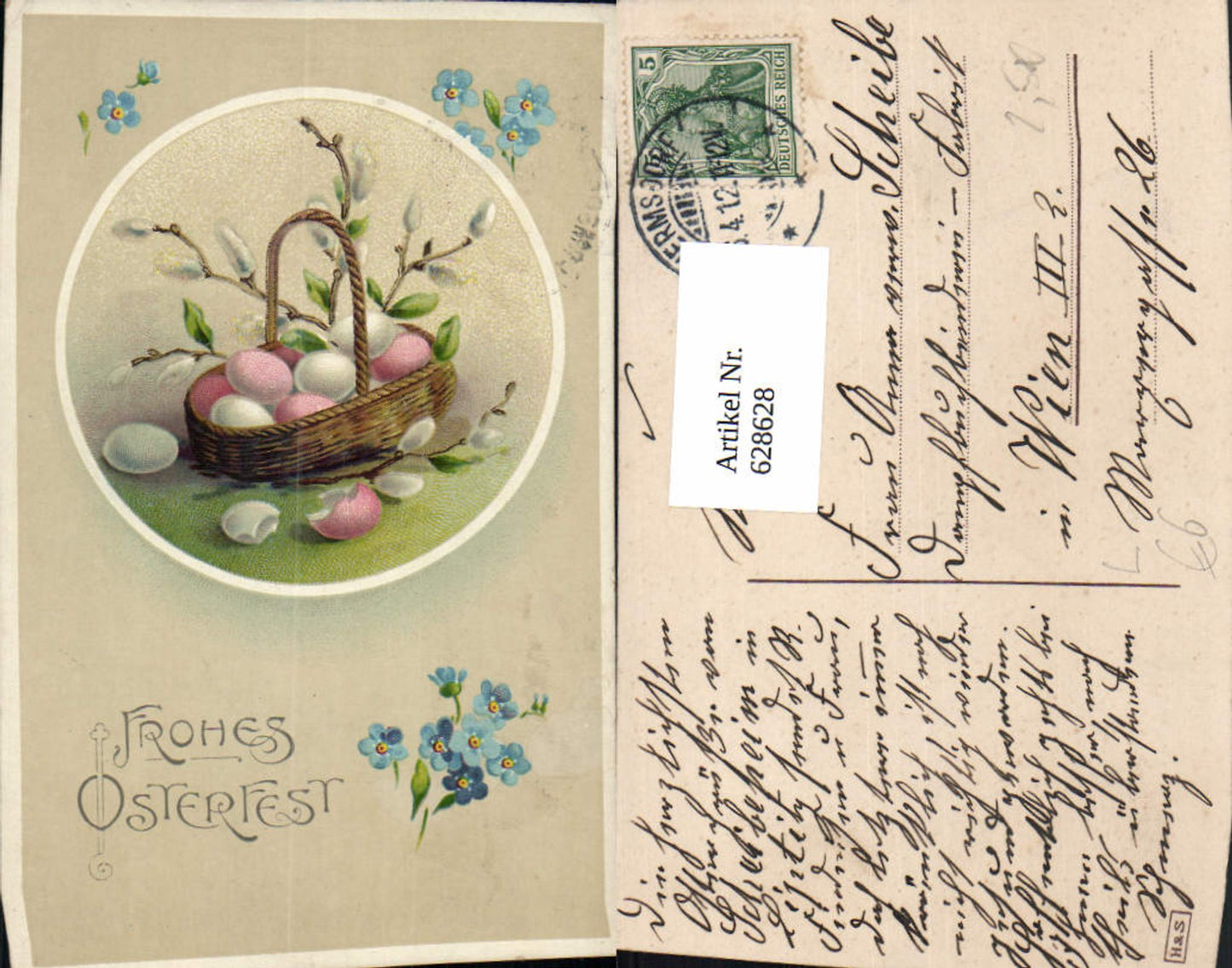 628628,Litho Ostern Korb m. Eier Palmkätzchen Passepartout Blumen Vergissmeinnicht