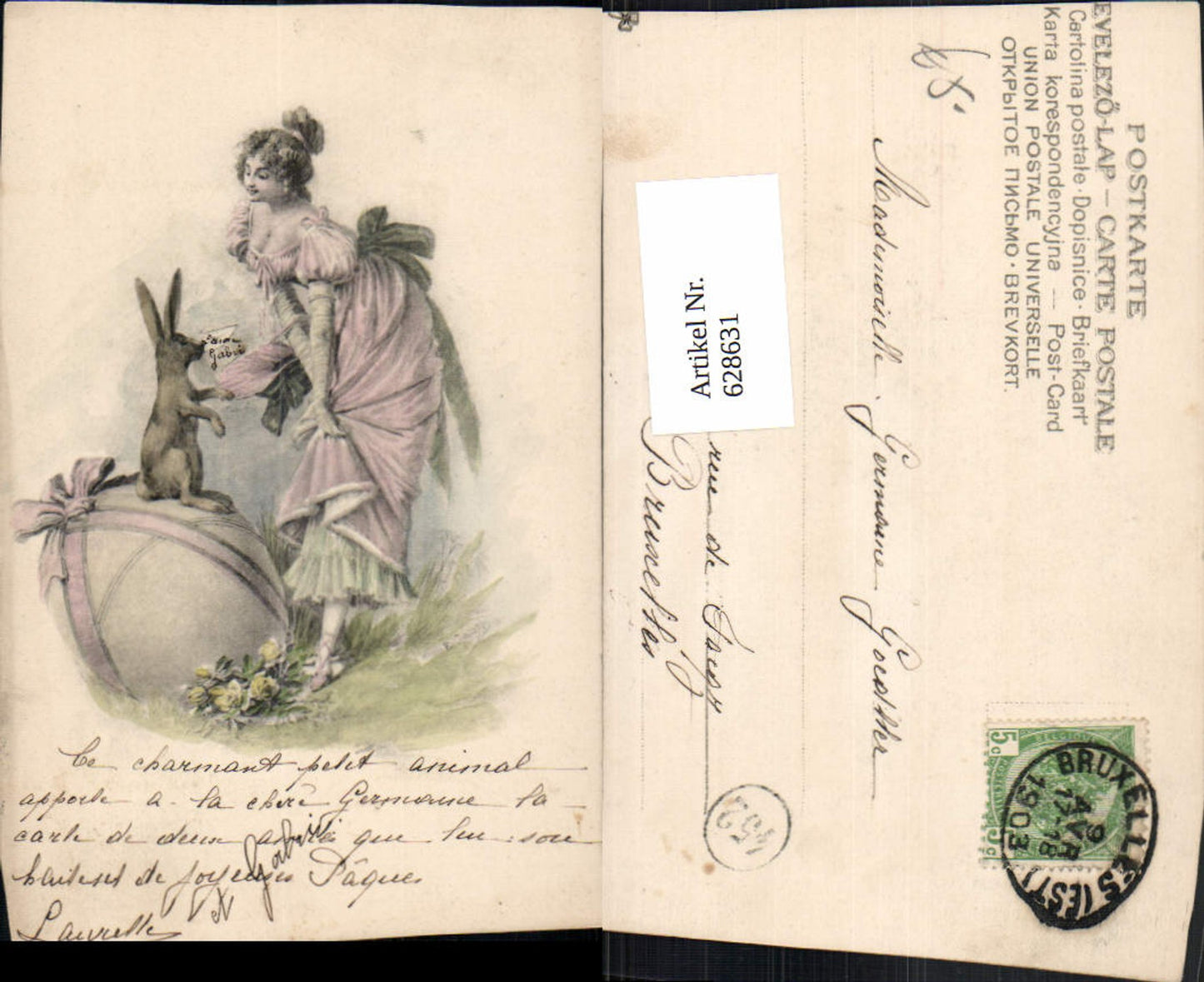 628631,Ostern Frau m. Hasen Ei Brief Riesenei