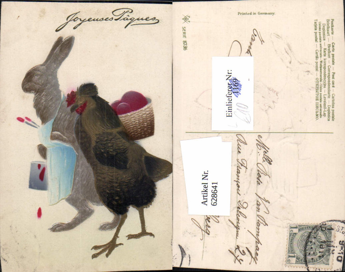 628641, Embosser Lithograph Rabbit as Painter Chicken Rooster with Back Basket Eggs Anthropomorphized Easter