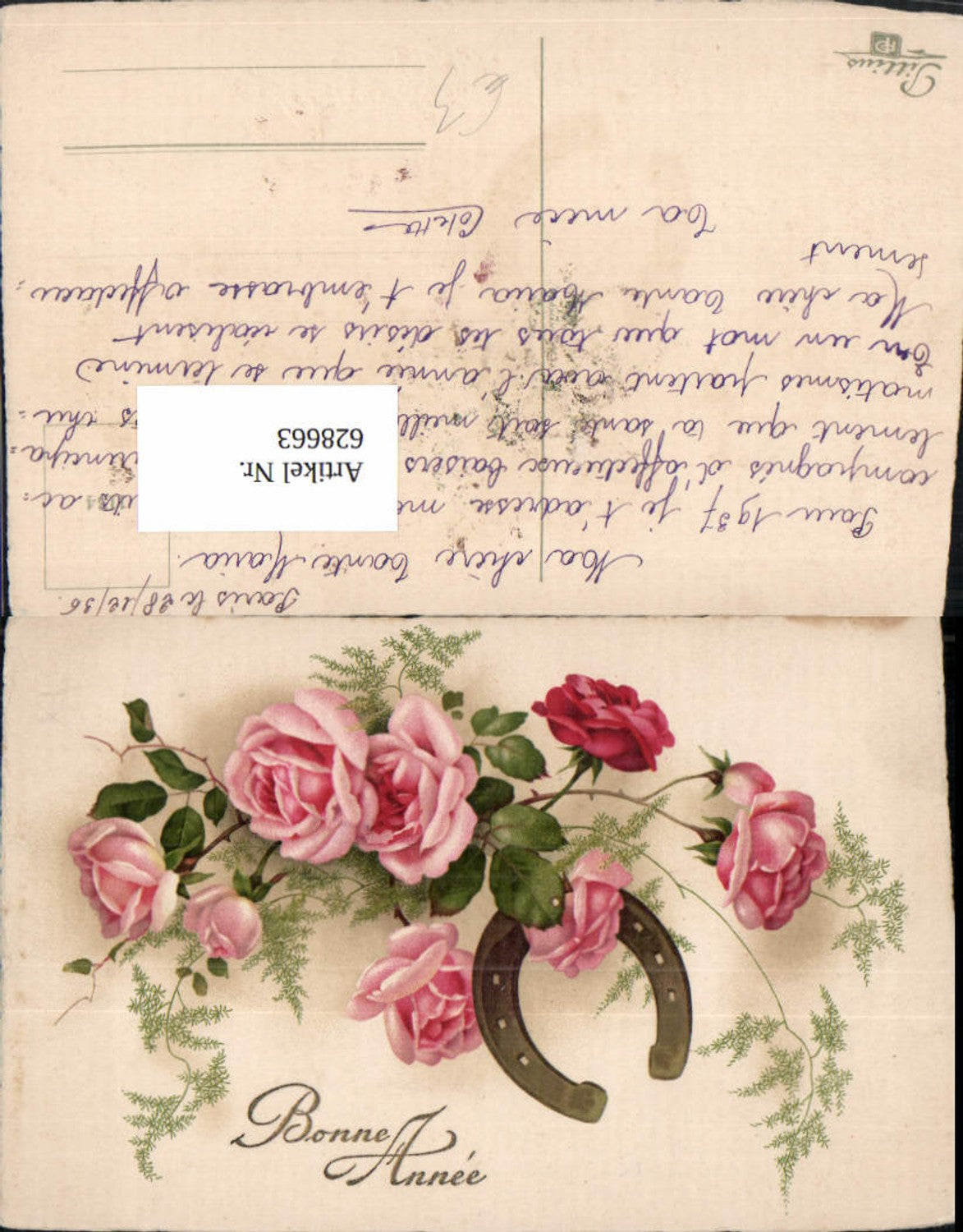 628663,Bonne Annee Neujahr Hufeisen Rosa Rosen Blumen