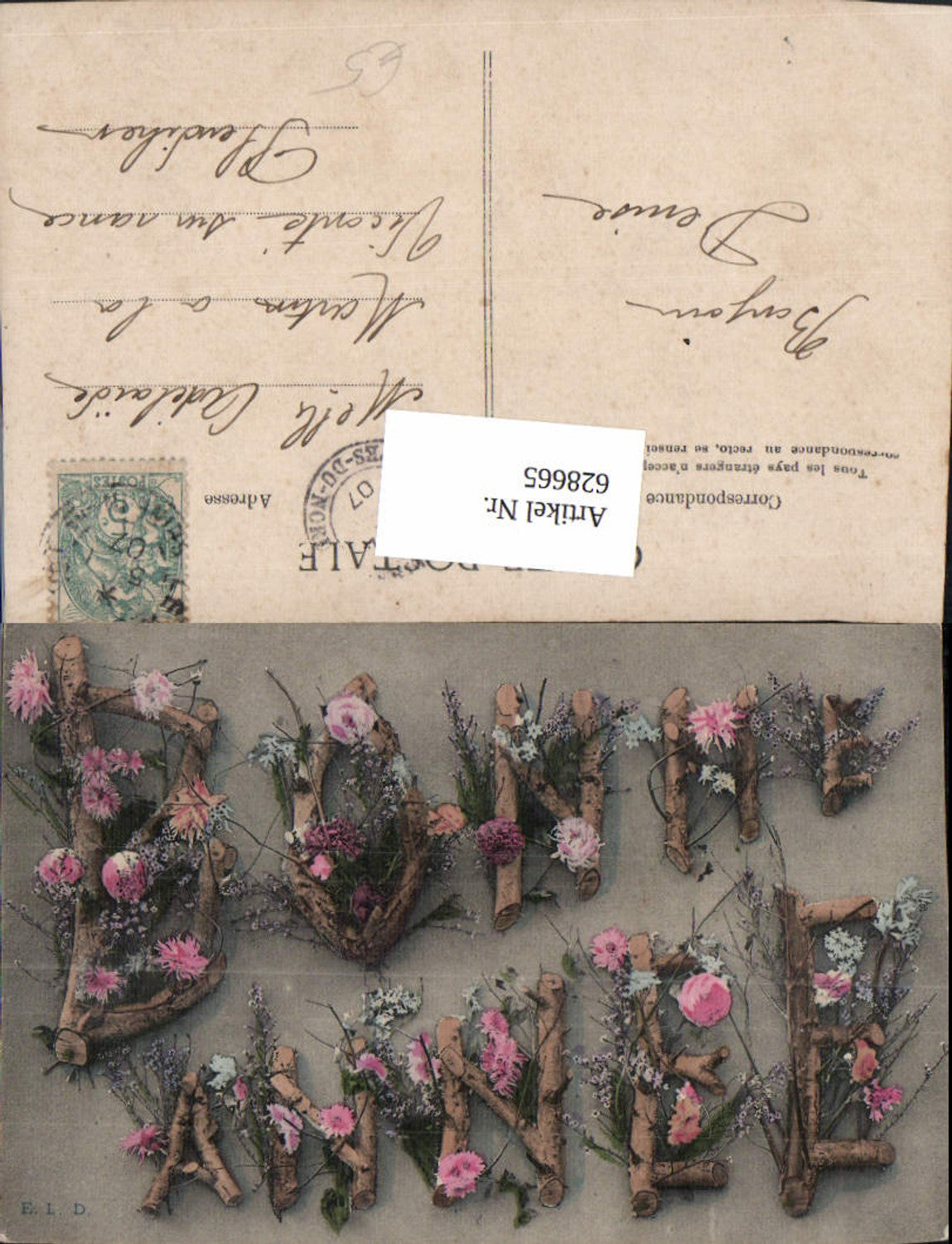 628665, Bonne Annee New Year lettering made of wood, branches, flowers, roses, forget-me-nots