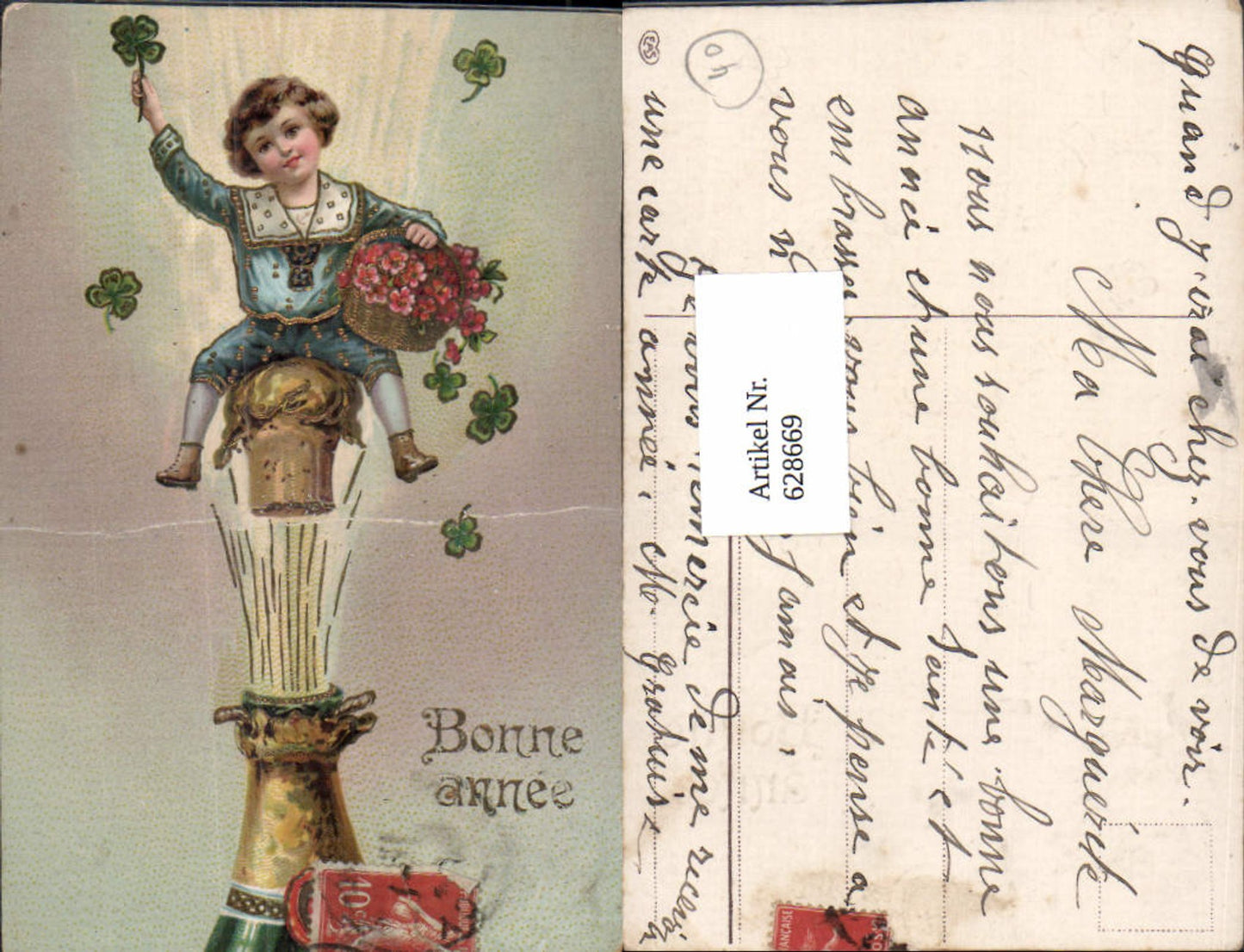 628669,Bonne Annee Neujahr Bub Junge auf Korken Sekt Klee Kleeblatt Blumen