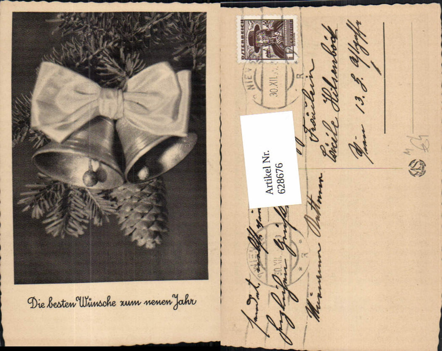 628676,Neujahr Glocken m. Schleife Tannenzweig Zapfen