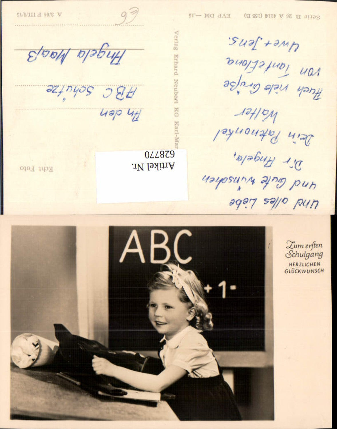 628770,Foto Ak Mädchen Schultüte Schultasche Tafel ABC Schulanfang Einschulung