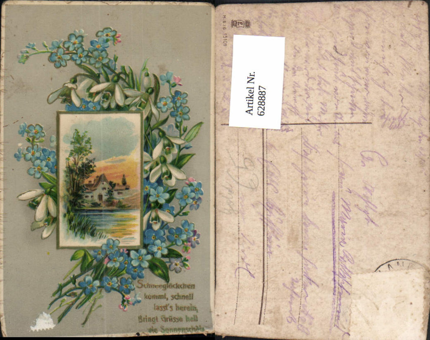 628887, House Landscape Passepartout Forget-me-not Snowdrop Gold lettering Saying
