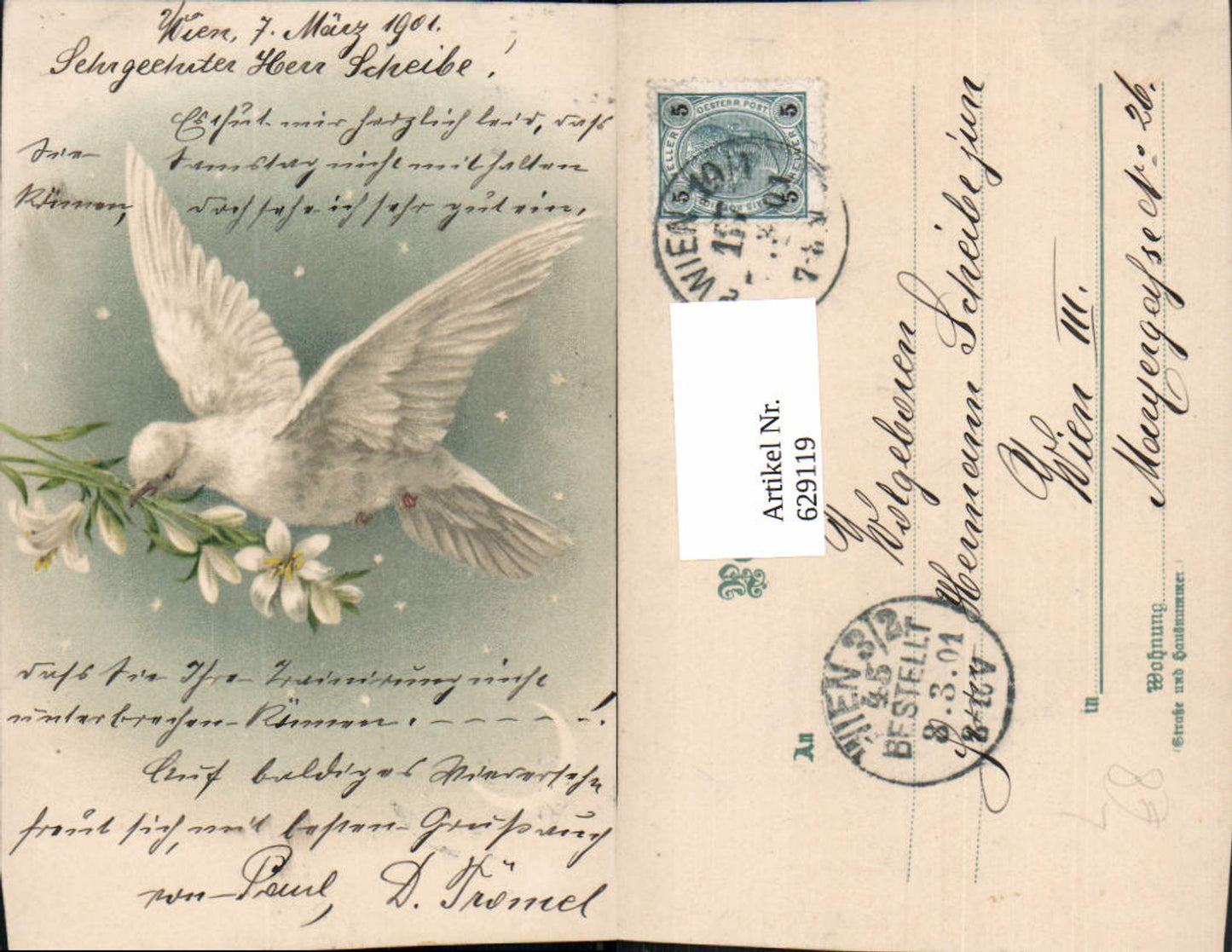 629119, great lithograph of a dove with blossom, flower, lily