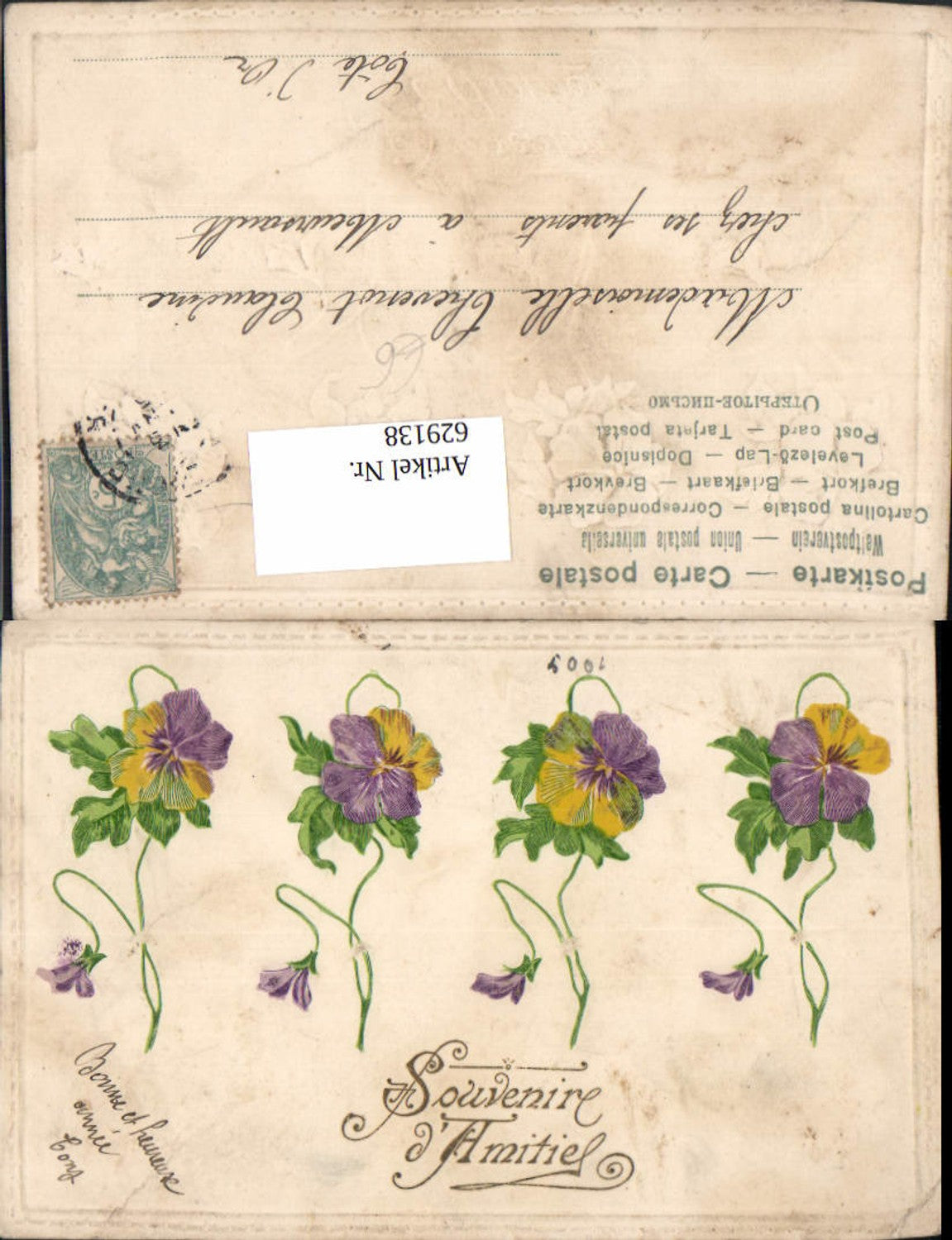 629138, Embosser Ak Flowers Pansies Souvenir Amities