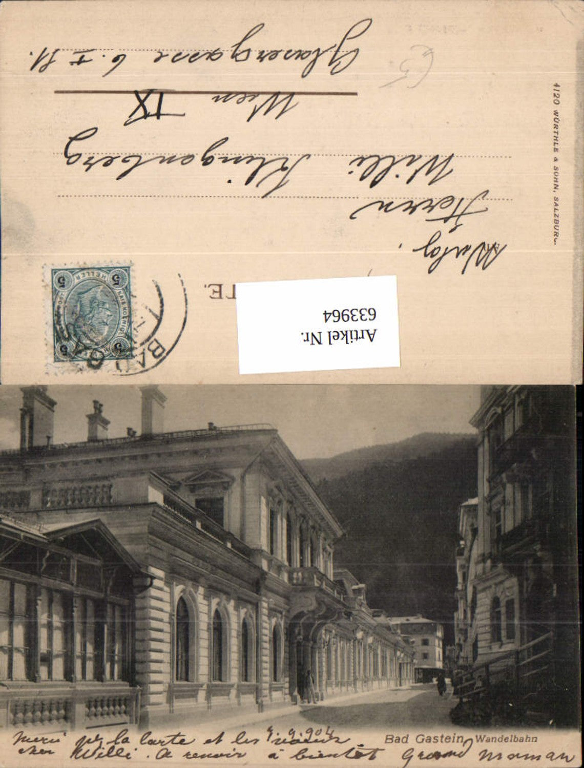 Great postcard of Bad Gastein, Badgastein street view, promenade, 1905, Würthle pub, 4120