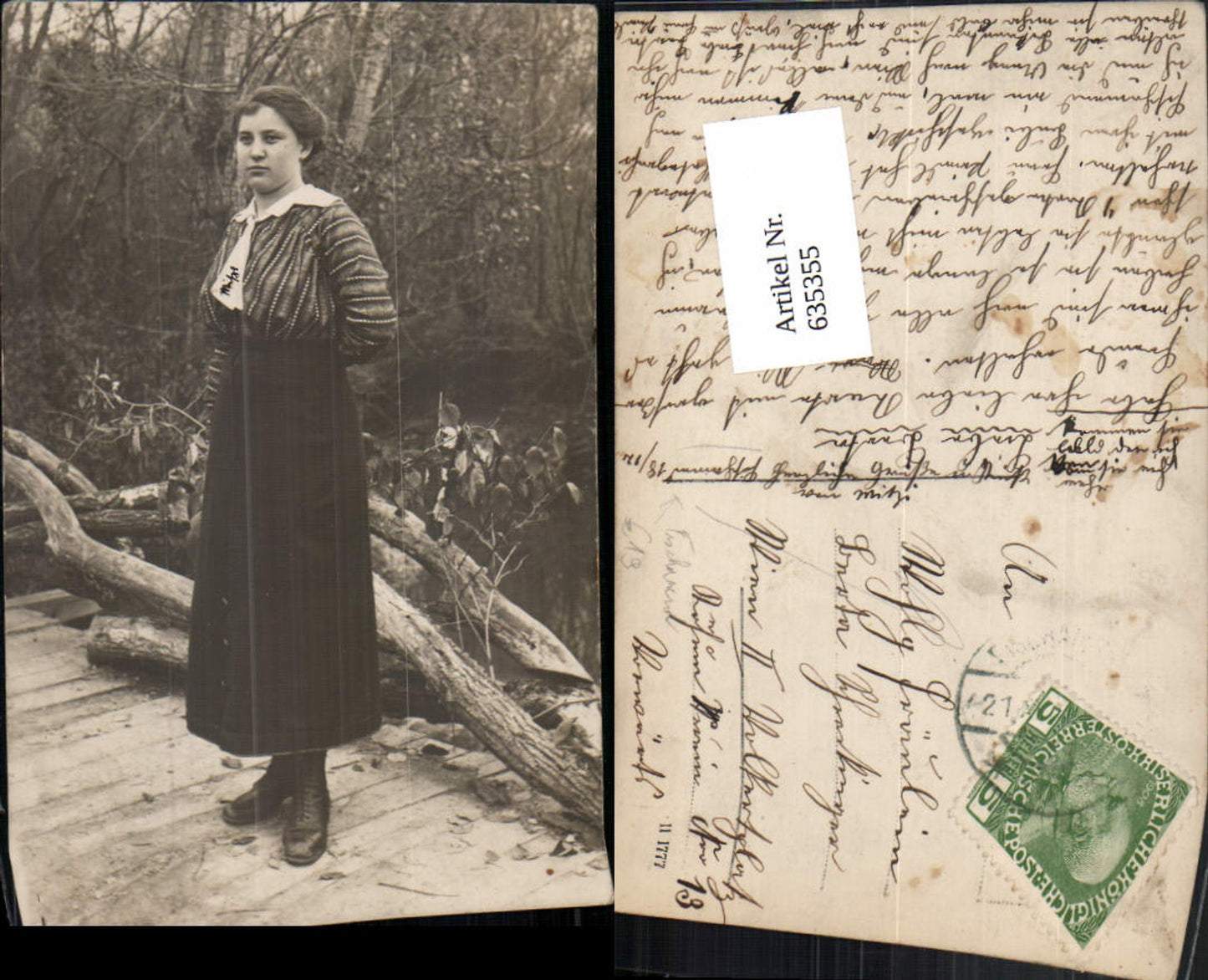 635355,Foto-AK Fischamend Frau im Wald + Stp.