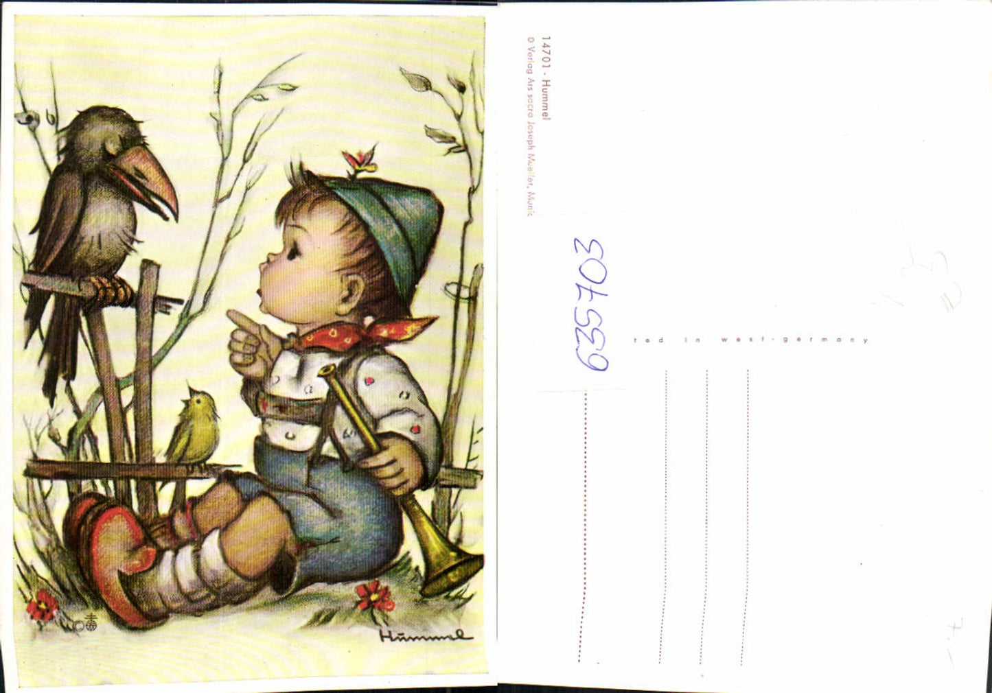 635703,Künstler Ak Hummel Bub Kind m. Krähe Vogel pub Hummel 14701