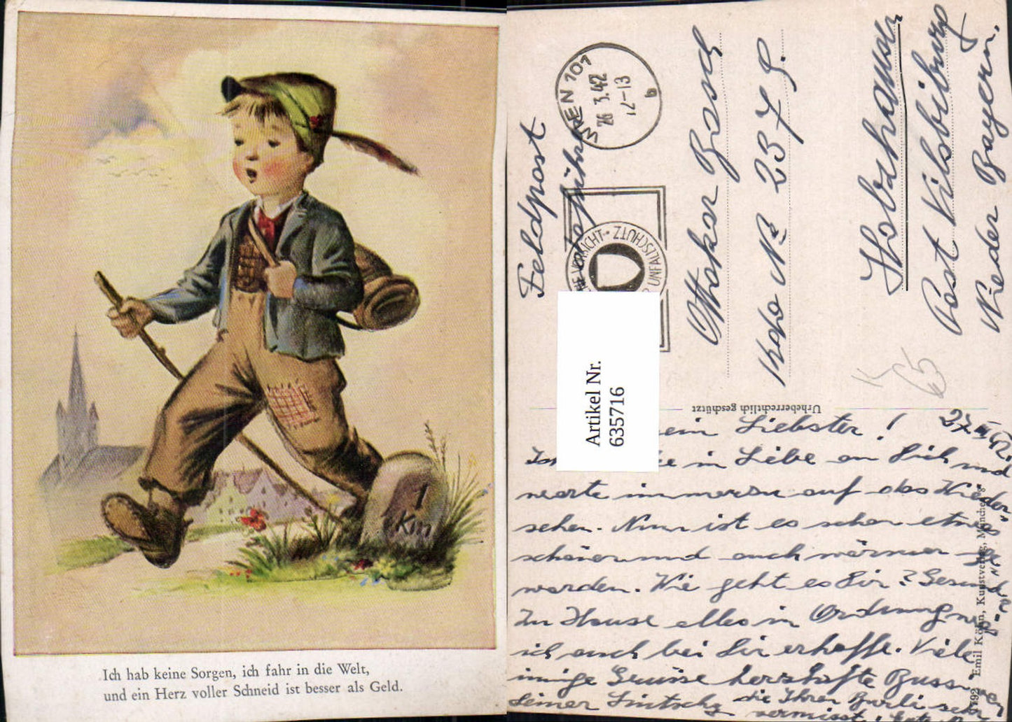 635716,Künstler Ak Bub Junge Wandern Spruch Text pub Emil Köhn 1792