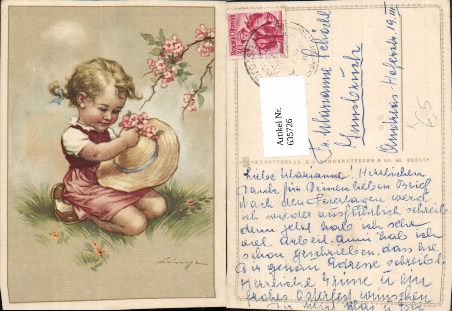635726,Künstler Ak Mädchen m. Hut Blütenzweig Blumen
