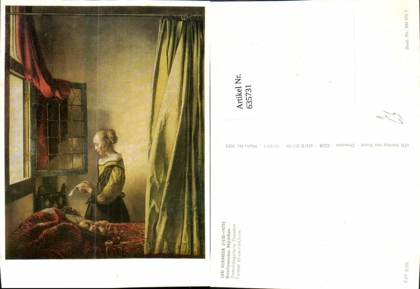 635731,Künstler Ak Jan Vermeer Brieflesendes Mädchen Frau Lesen