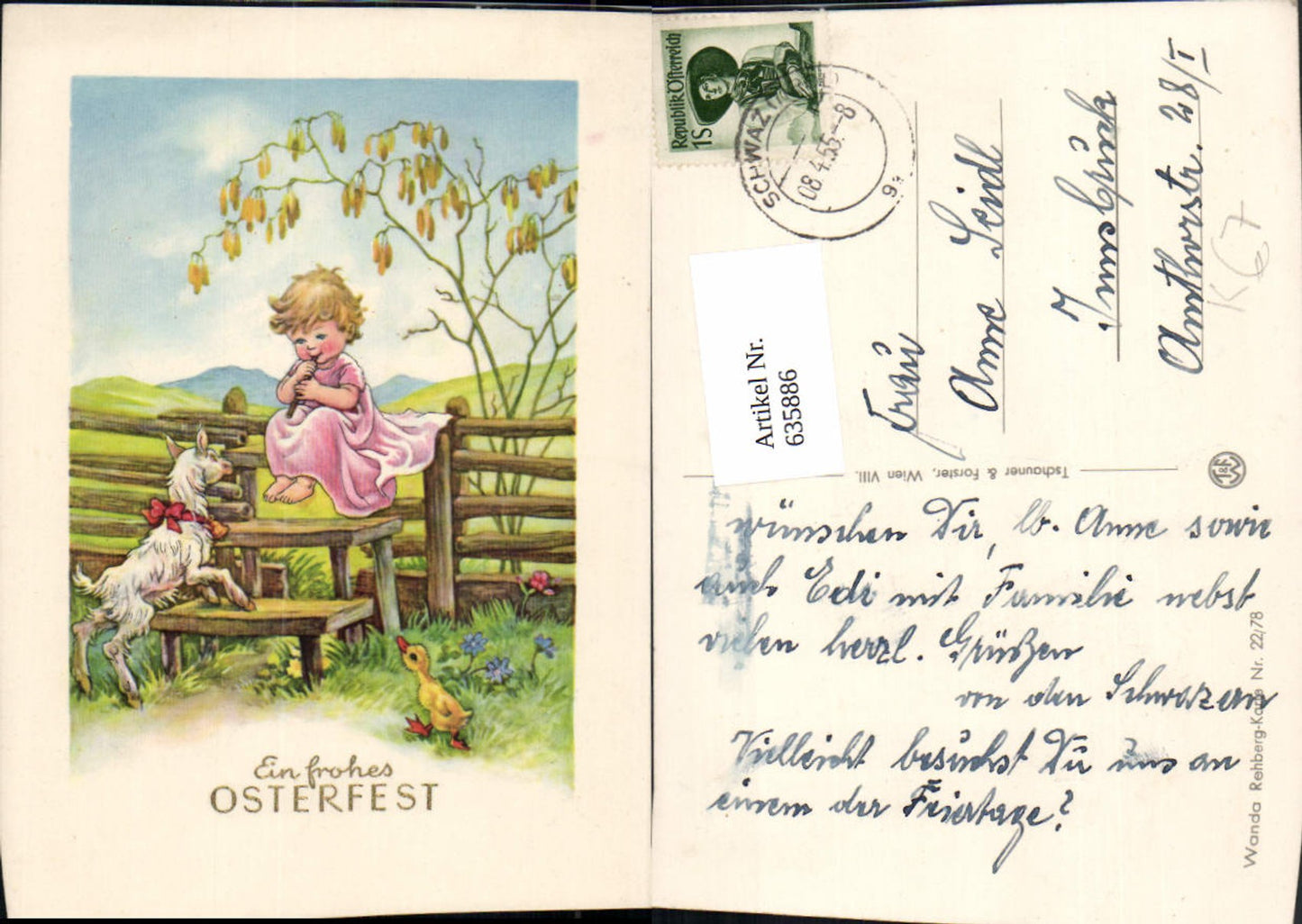 635886,Künstler Ak Wanda Rehberg Kind spielt Flöte Lamm Ostern