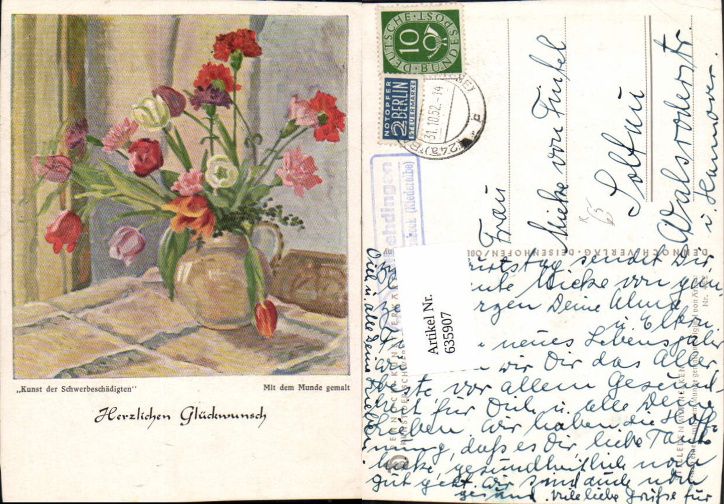 635907,Künstler Ak Mundgemalt Arthur Stillleben m. Nelken Blumen Vase