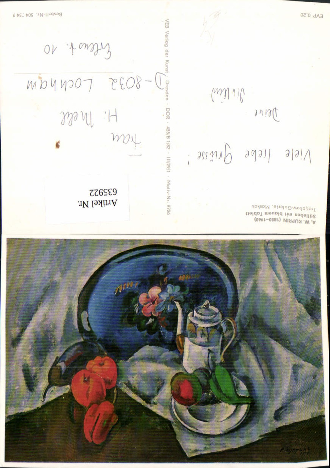 635922,Künstler Ak A. W. Kuprin Stillleben m. Blauem Tablett