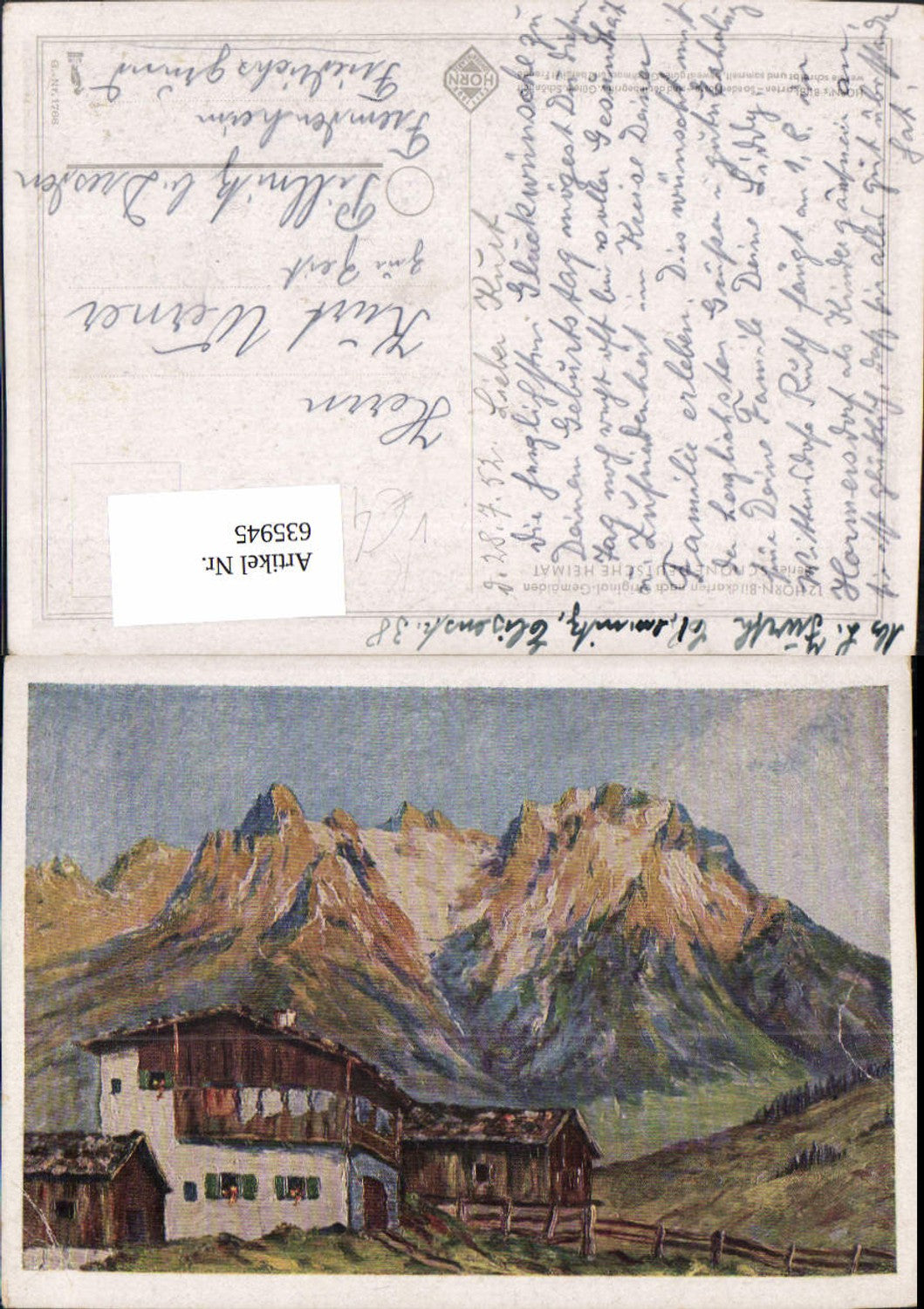635945,Künstler Ak Schöne Deutsche Heimat Bergbauernhof Bergkulisse pub Horn 12