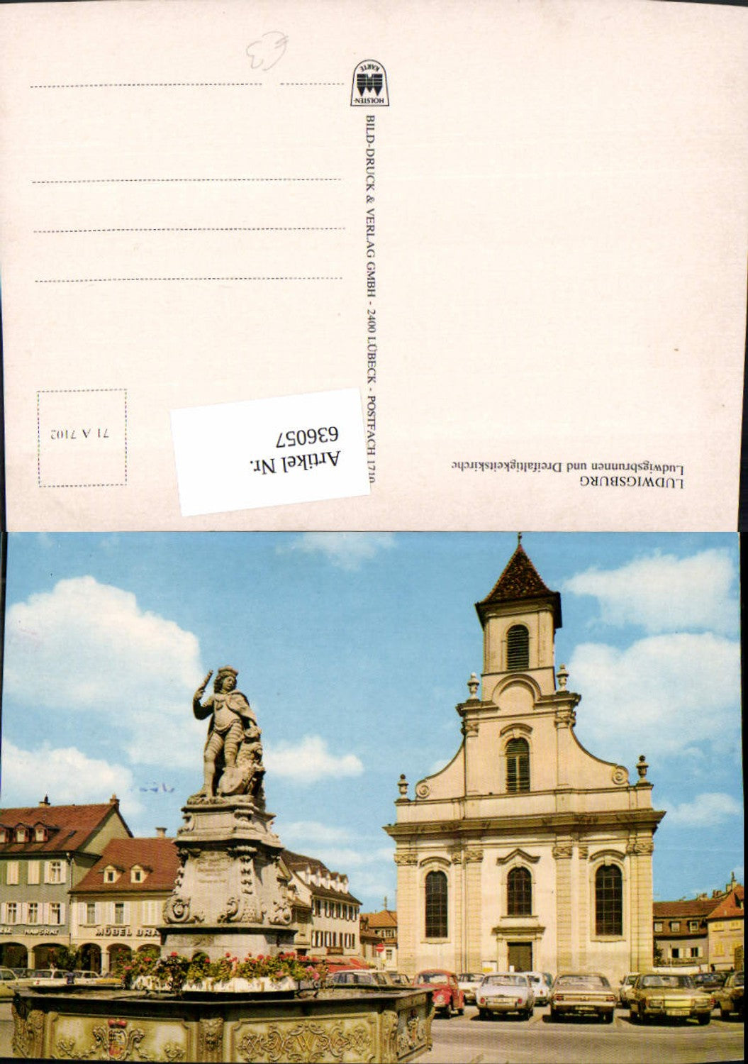 636057,Ludwigsburg Ludwigsbrunnen u. Dreifaltigkeitskirche Kirche Brunnen VW Käfer