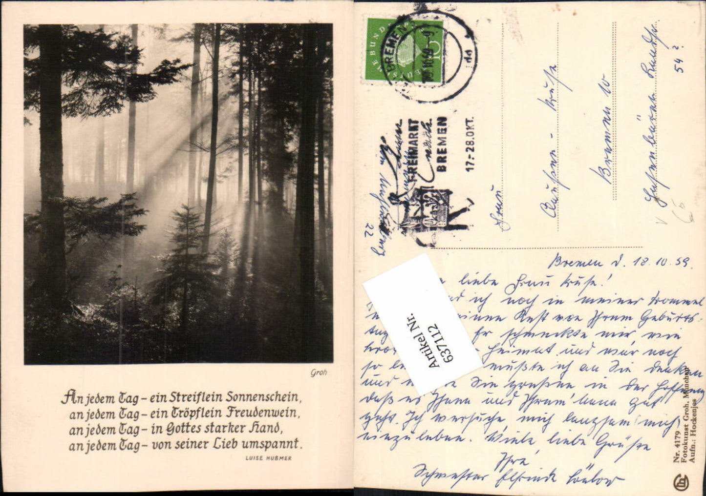 637112,Fotokunst Groh 4179 Wald Bäume Aufn. Hockenjos Stp. Freimarkt Bremen 1959