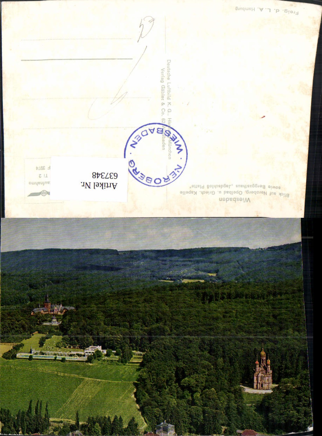 637348,Fliegeraufnahme Wiesbaden Blick auf Neroberg Opelbad u. Griech. Kapelle