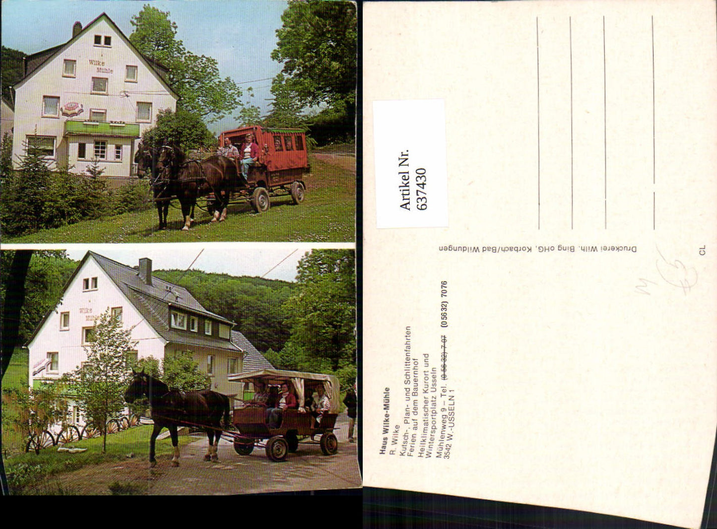 637430,Mehrbild Ak Usseln Willingen Haus Wilke-Mühle Pferde Pferdekutsche Kutsche