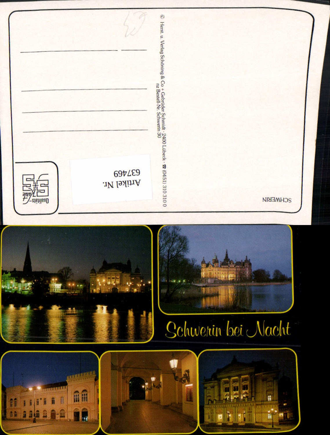637469, Multi-image postcard Schwerin at night, castle and cathedral