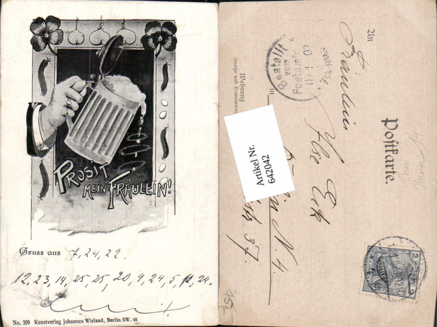 642042,Lithographie Scherz Humor Alkohol Bier Bierkrug Prosit mein Fräulein Jugendstil