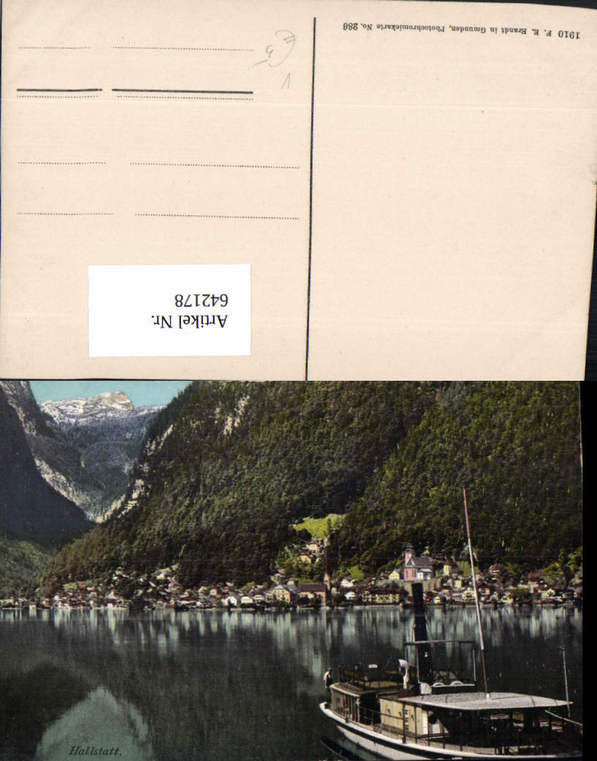642178,Hallstatt Ansicht mit Schiff Dampfer pub F. E. Brandt 286
