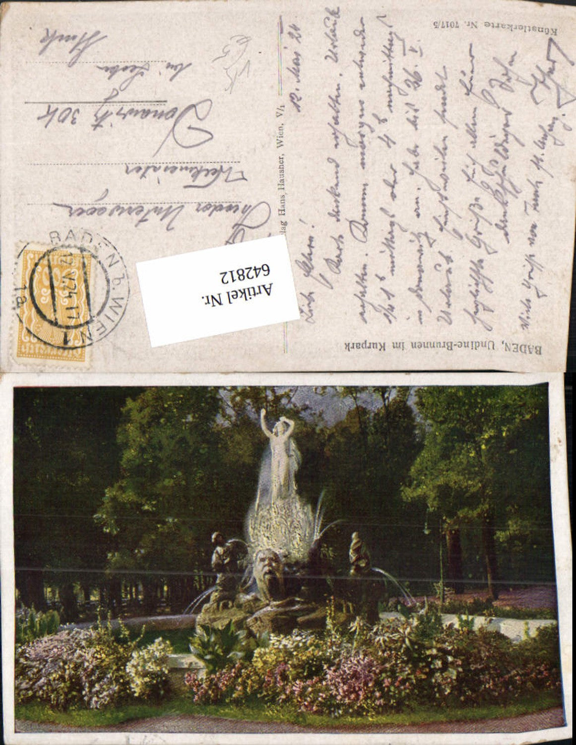 642812,Künstler AK Baden bei Wien Undine Brunnen Kurpark pub Hausner 7017/5