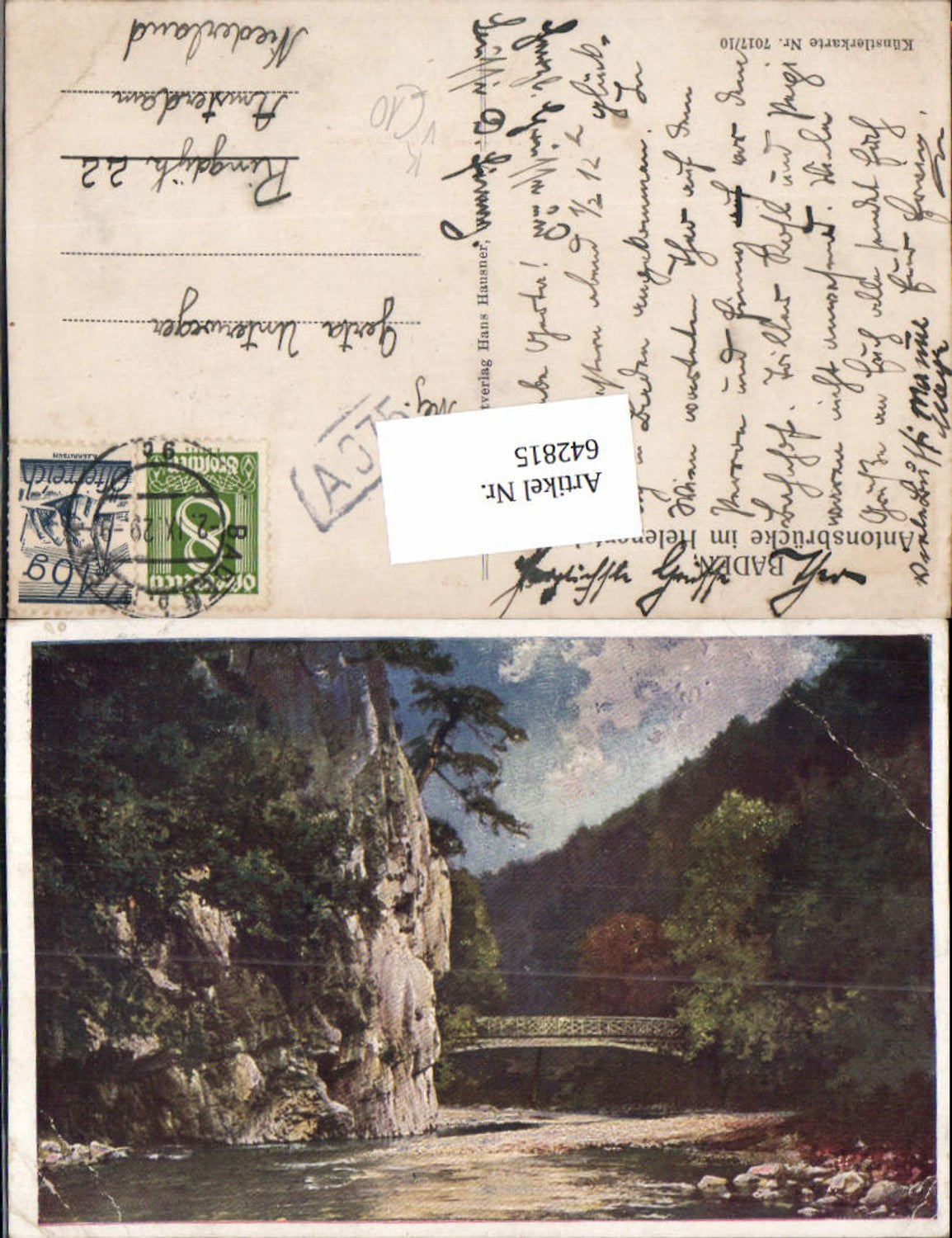 642815,Künstler AK Baden bei Wien Helenental Antonsbrücke pub Hausner 7017/10