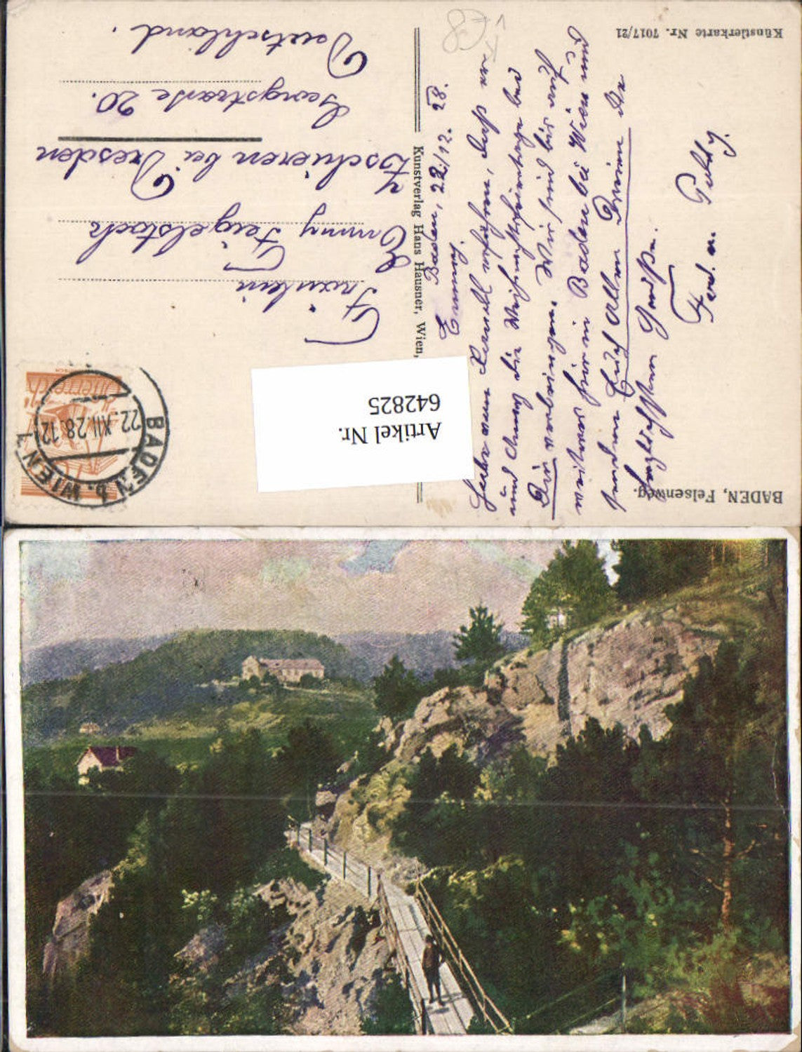 642825,Künstler AK Baden bei Wien Felsenweg pub Hausner 7017/21